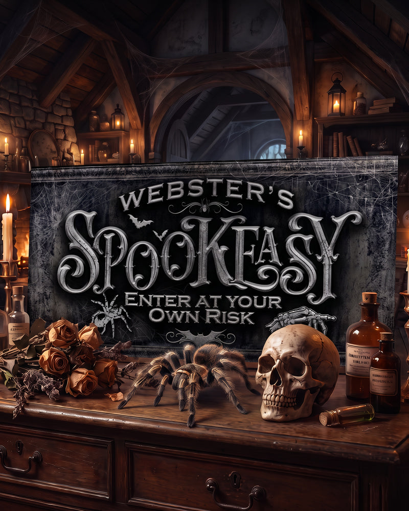 spookeasy halloween sign sitting on a dresser with a skull, spider and potions in a scary room.