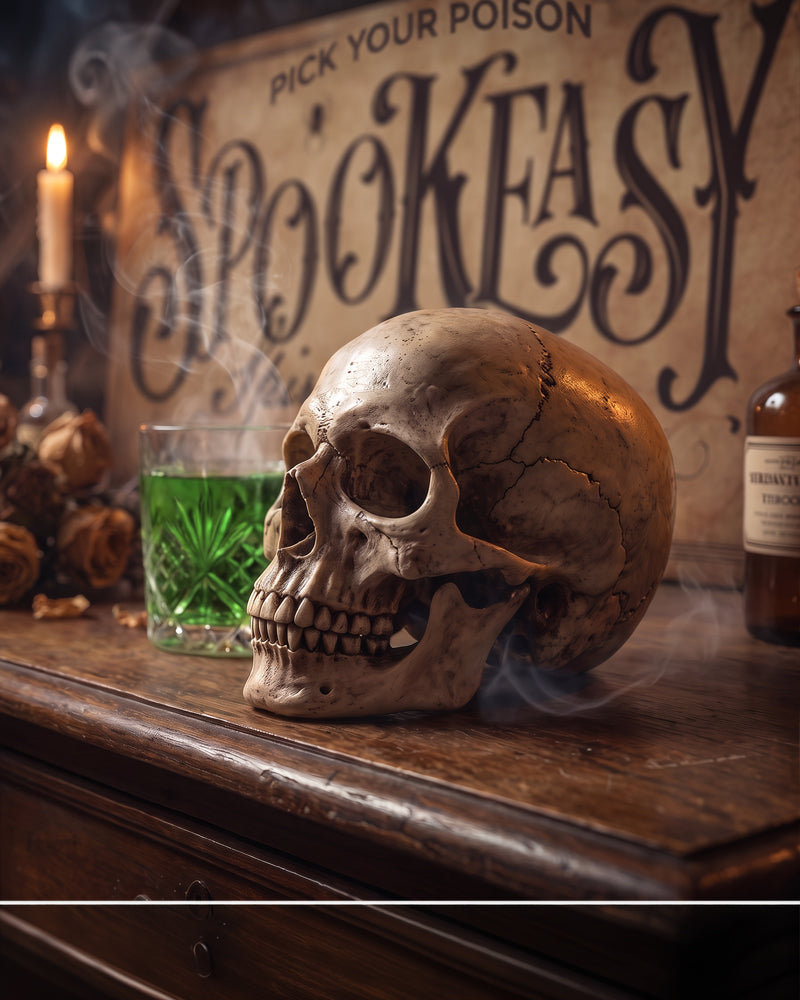 Skull in candlelight before a Spookeasy Halloween bar sign with gothic Victorian lettering and a green glass