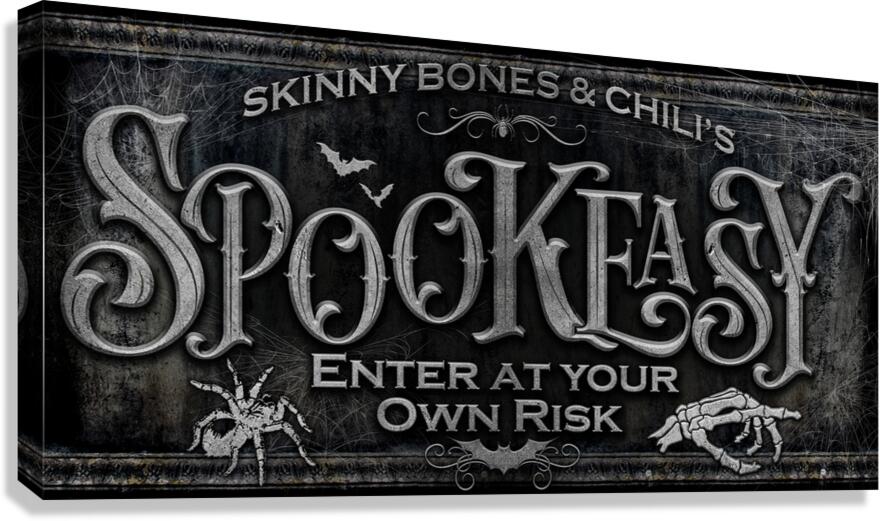 halloween spookeasy sign on black texture with stone letters.