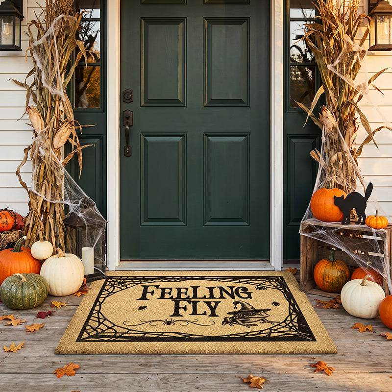 Halloween welcome mat reading Feeling Fly on a porch with cornstalks, pumpkins, cobwebs and a black cat