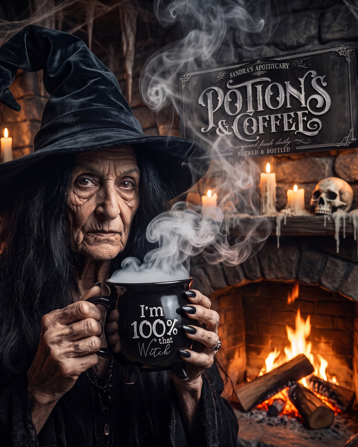 Witch holding a steaming mug in front of a Potions and Coffee sign and a lit fireplace