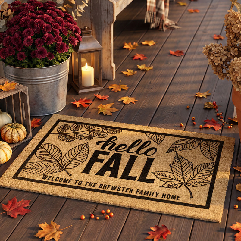 Hello Fall coir doormat close up showing bold lettering on golden coir bristles