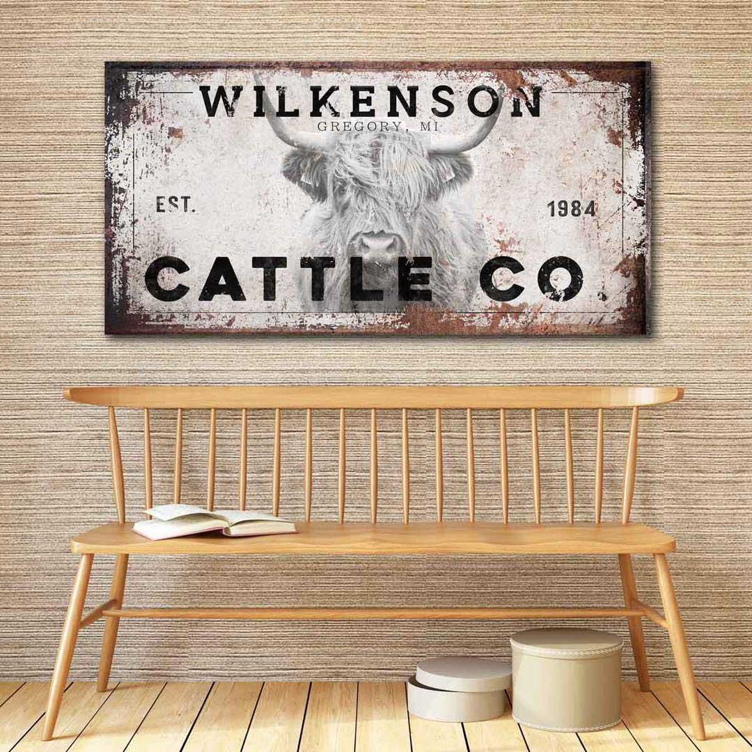 Highland cow sign - cattle ranch sign of a cow on a distressed background personalized