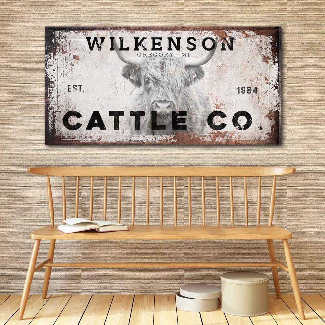 Highland cow art - cattle ranch sign of a cow on a distressed background personalized