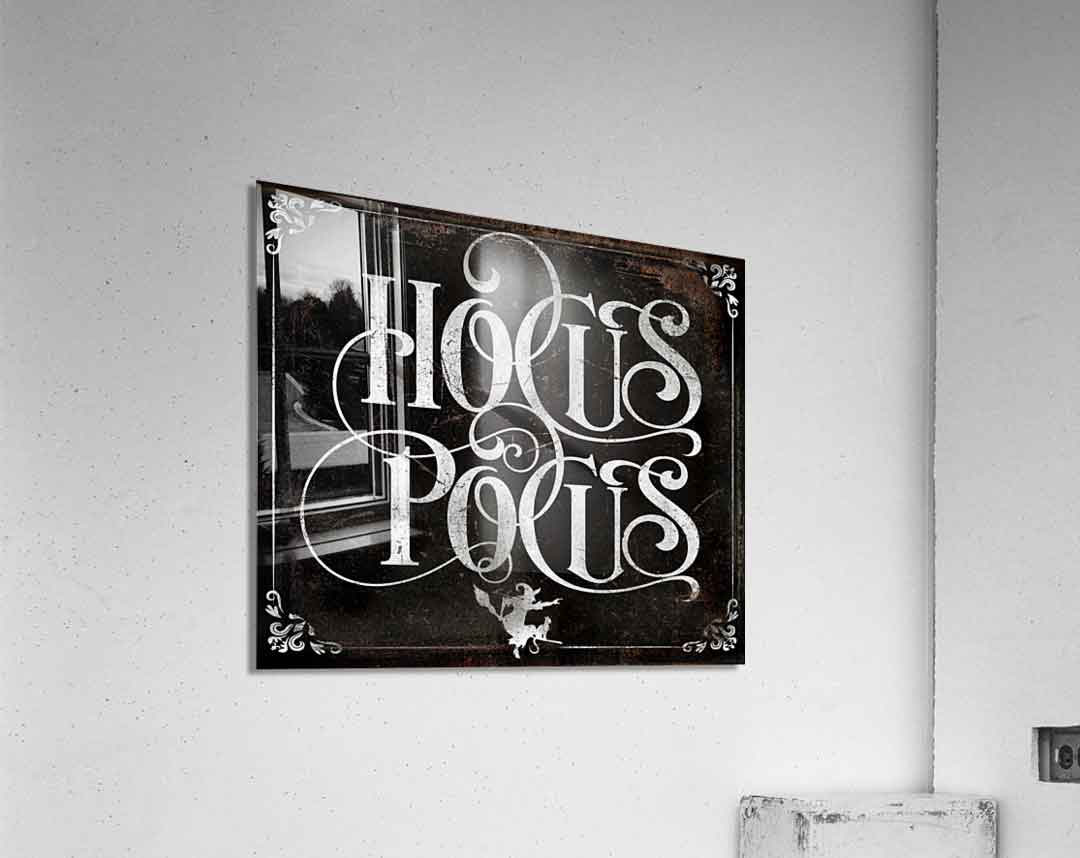 Hocus Pocus Halloween Wall Sign on distressed background and the words in fancy script Hocus Pocus and a little witch.