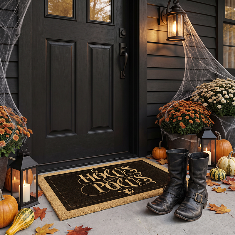 Hocus Pocus witch doormat at a black door with orange mums, lanterns, boots and pumpkins