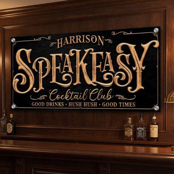 Decorative home bar sign for Harrison Speakeasy Cocktail Club on a wooden bar.