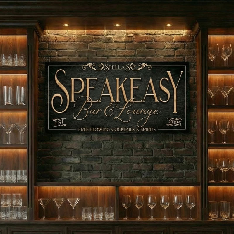 Home bar sign on a brick wall that says Stellas Speakeasy bar and Lounge