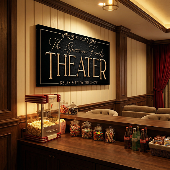 Indoor home theater decor setup with popcorn machine, snacks, and 'The Garrison Family Theater' sign.