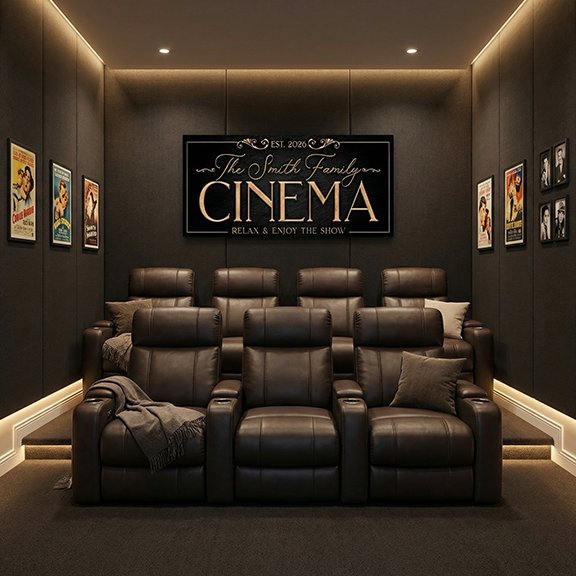 Home theater ideas with dark leather seats and personalized cinema sign on the wall.