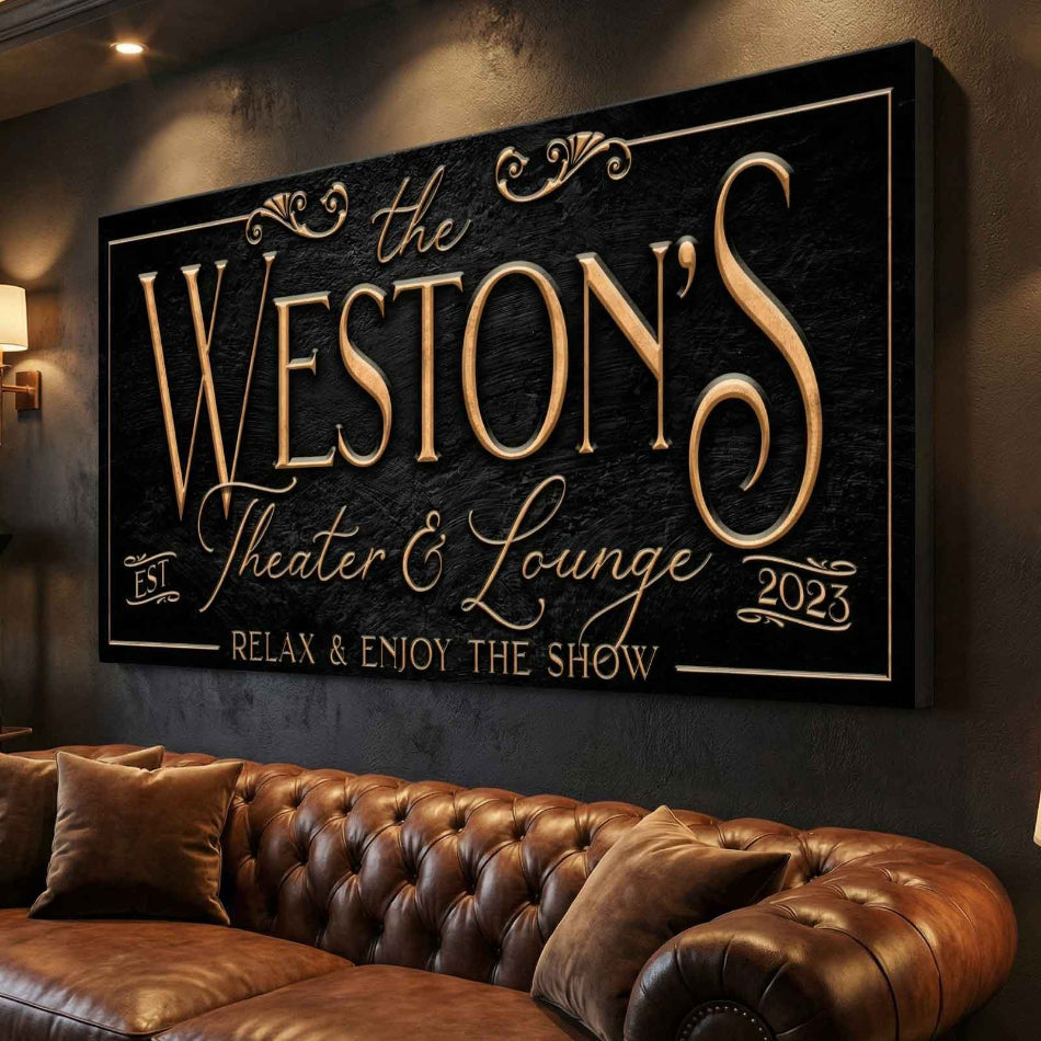 Home theater sign for 'The Weston's Theater & Lounge' on a wall above a brown leather couch.