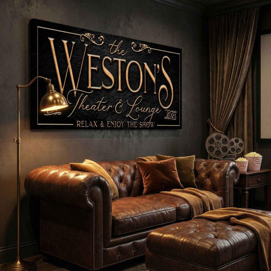 Home theater sign with  lounge with brown leather sofa, ottoman, and decorative sign.