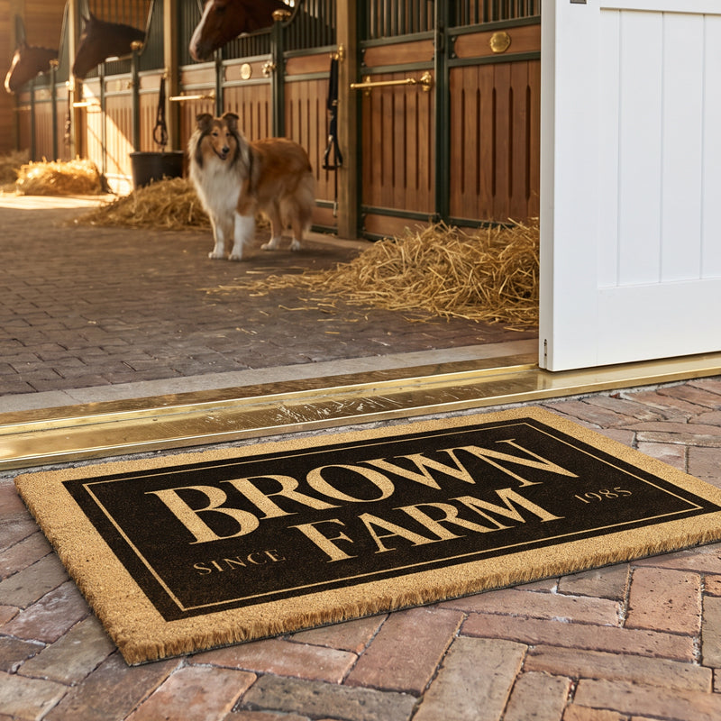 Horse farm doormat on brick outside a stable, with a collie standing in the aisle and horses in the stalls beyond