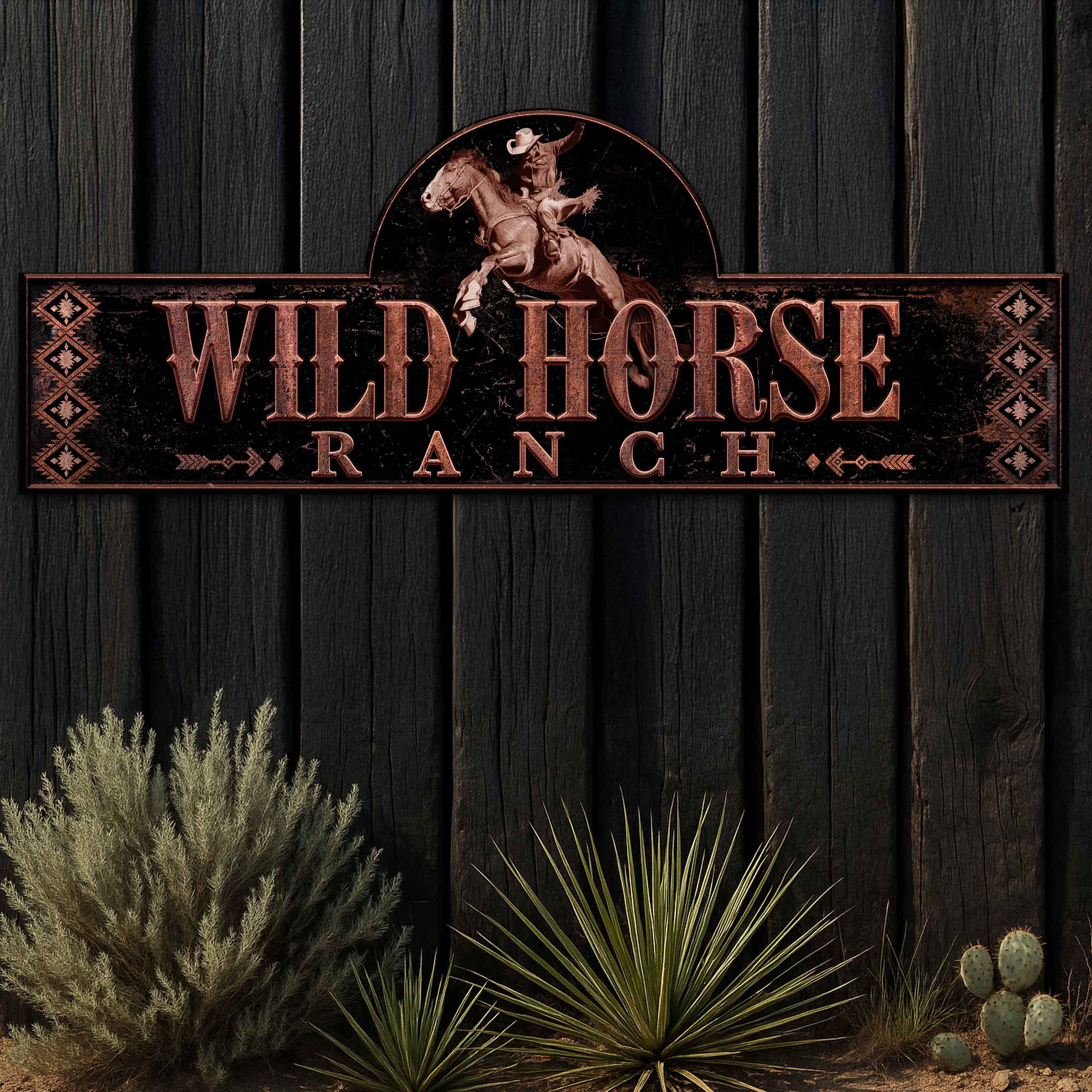 Decorative sign for Wild Horse Ranch with rustic design against a wooden background.