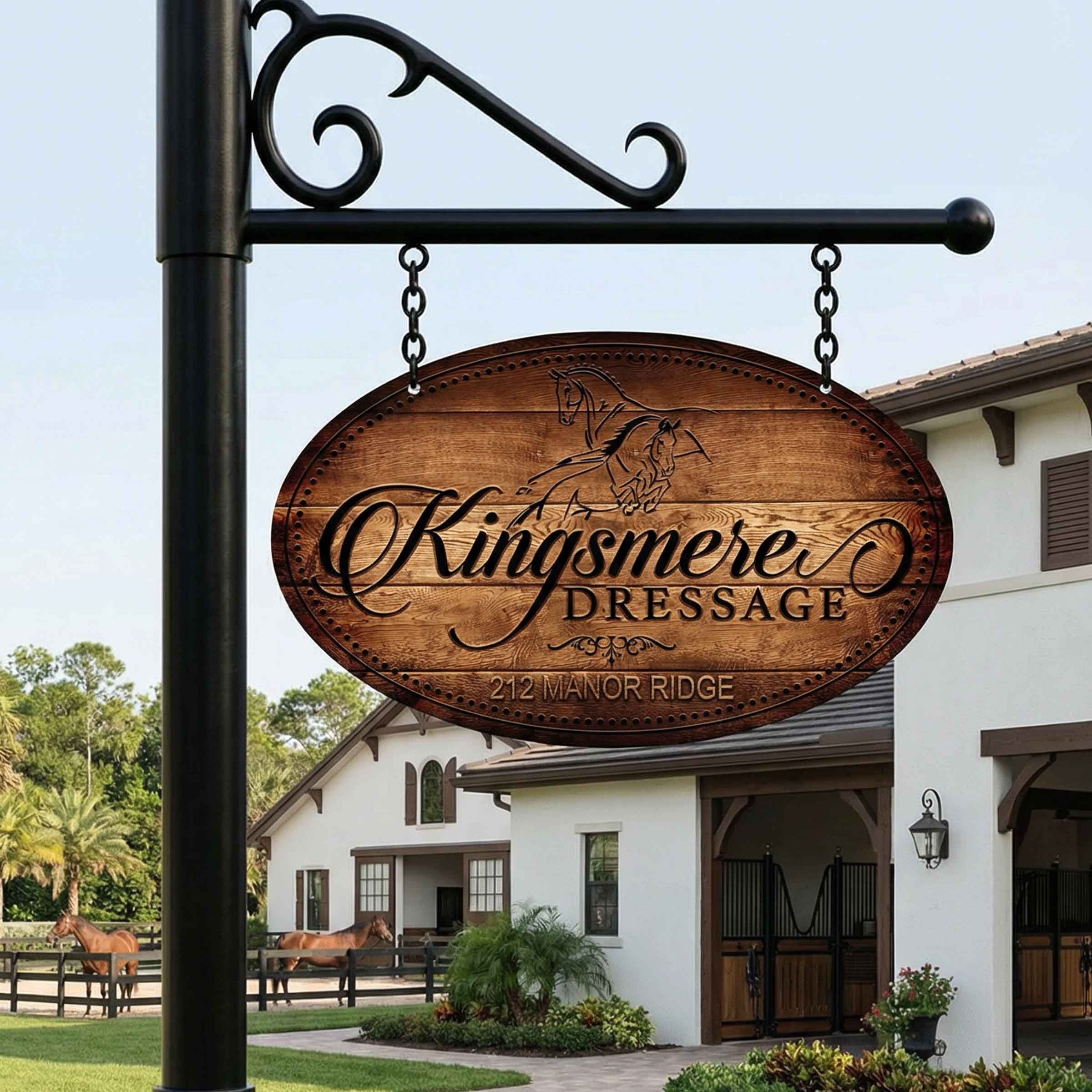 metal sign that looks like wood for horse ranch Kingsmere
