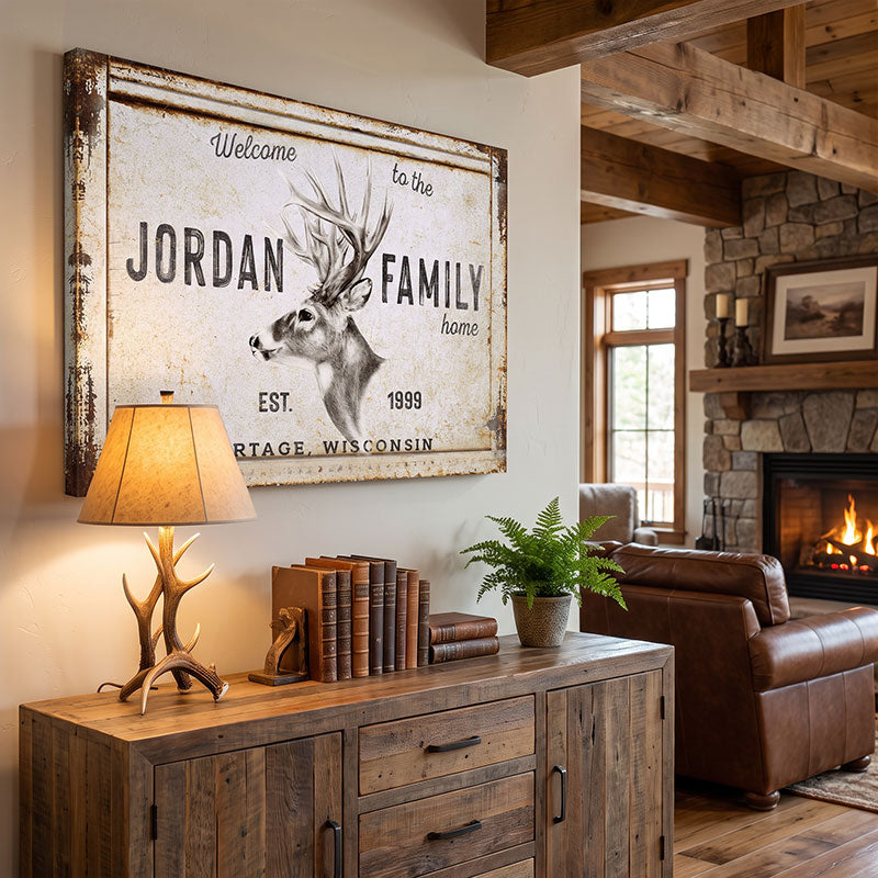 Personalized deer head sign with a whitetail buck and family name, hung above a wood sideboard in a cabin living room