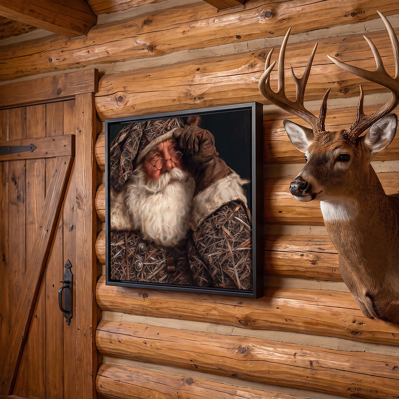 Hunting Santa art in camouflage hung on a log wall next to a mounted whitetail buck