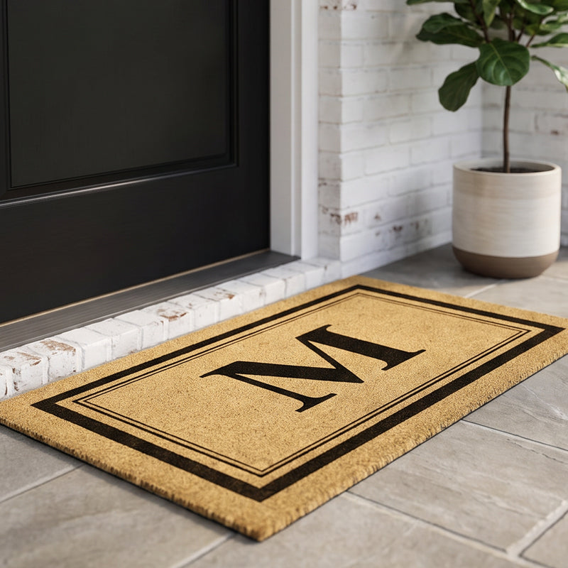 Initial doormat with letter M on natural coir, black border, at a black front door with white brick