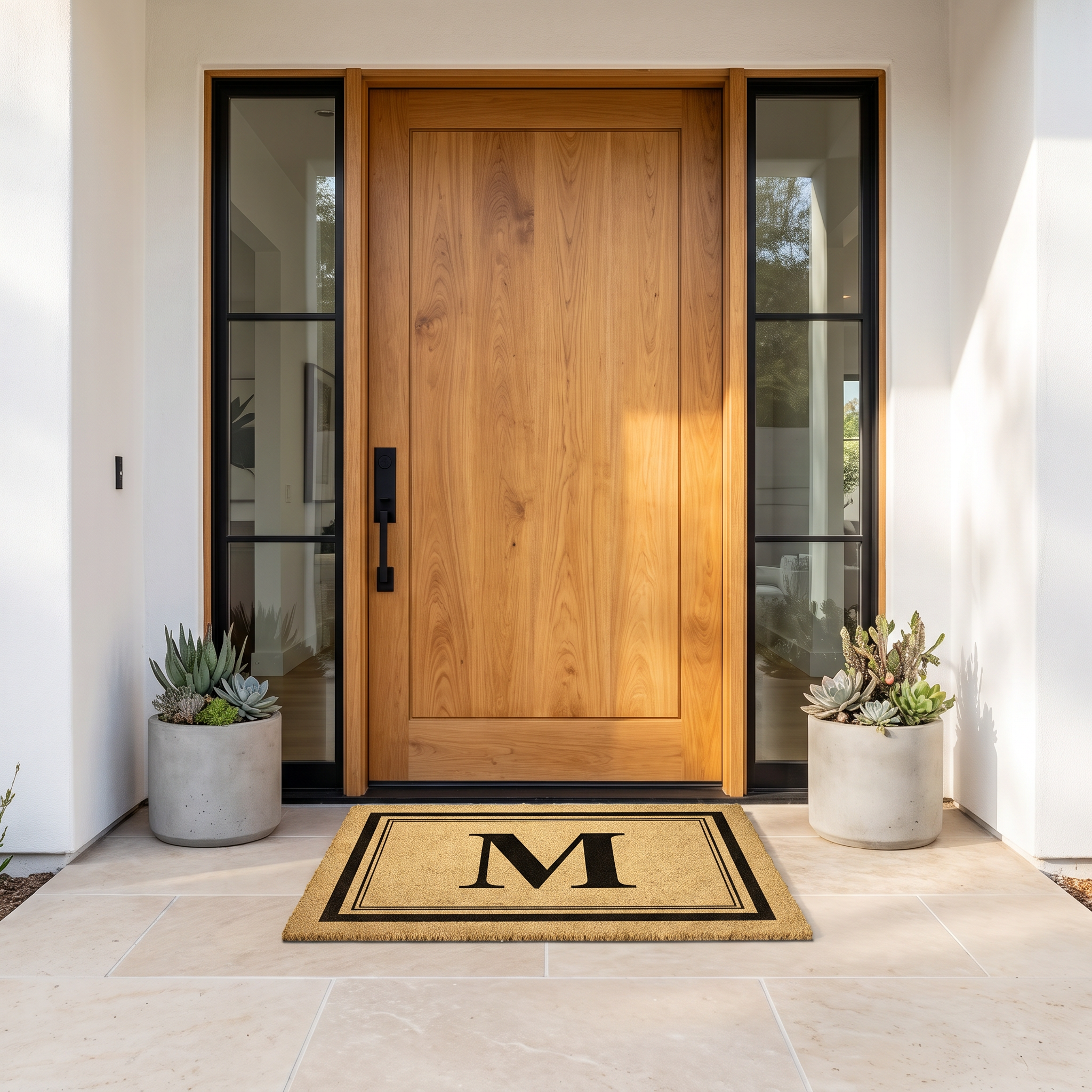 Initial doormat with letter M on coir at a modern oak front door flanked by succulents in concrete pots