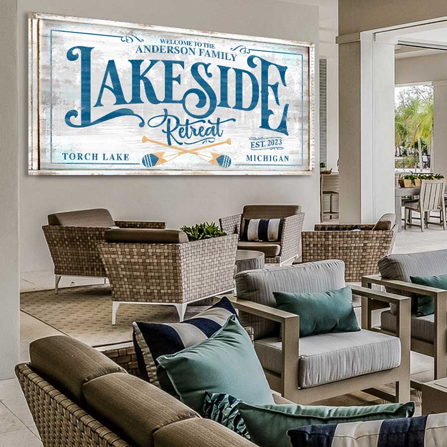 Lake House Decor Sign on faux distressed wood with the words Lakeside Retreat with family name and city and state.