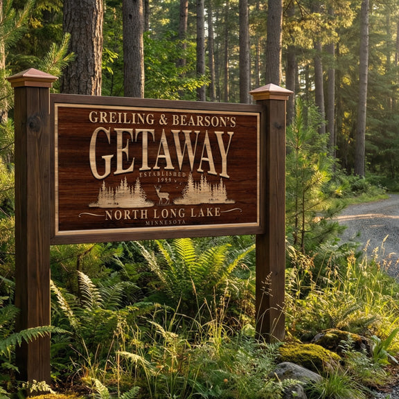 Lake house entrance sign post-mounted between two wood posts at a wooded driveway in morning light
