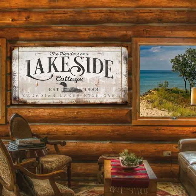 Lake House Sign - Rustic Loon on the Water Custom Family Sign