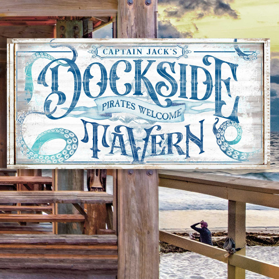 lake house sign or pool and patio sign custom with worn sign with words that say Dockside Tavern.