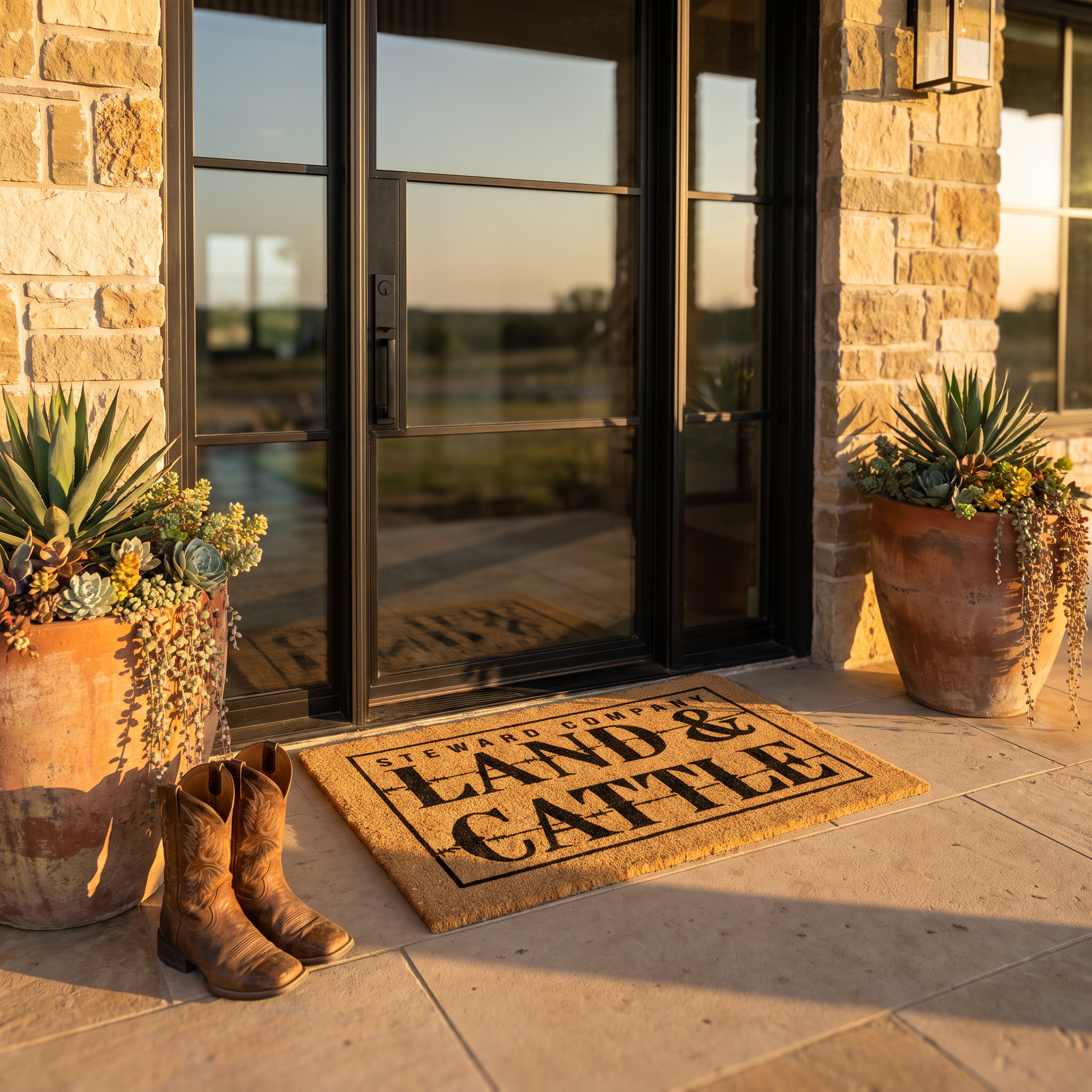 Land and Cattle doormat with ranch name in black on coir, beside cowboy boots and potted succulents