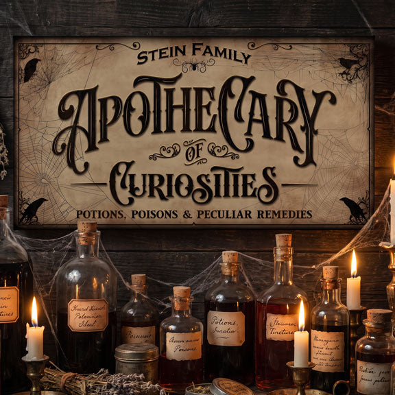 Large apothecary sign reading Potions, Poisons and Peculiar Remedies above candlelit bottles and dried lavender