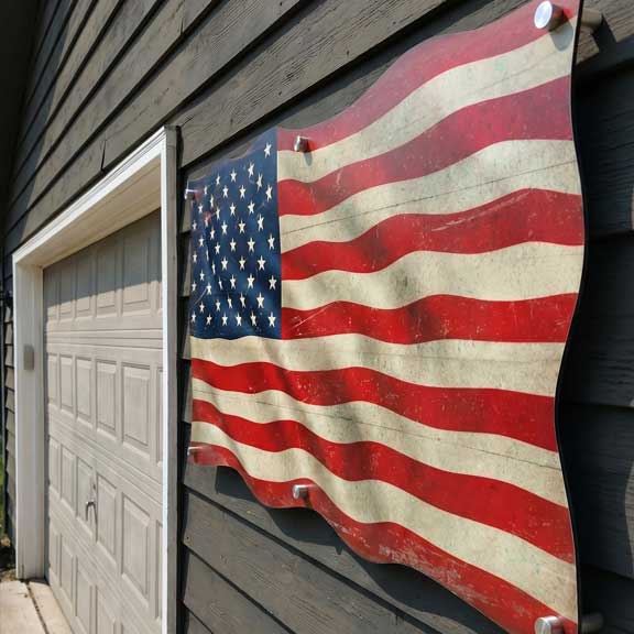 Large metal American flag hanging on a wooden wall next to a garage door