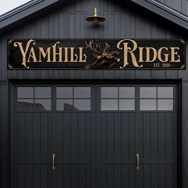 large metal barn signs for ranching and business. Black texture with gold lettes