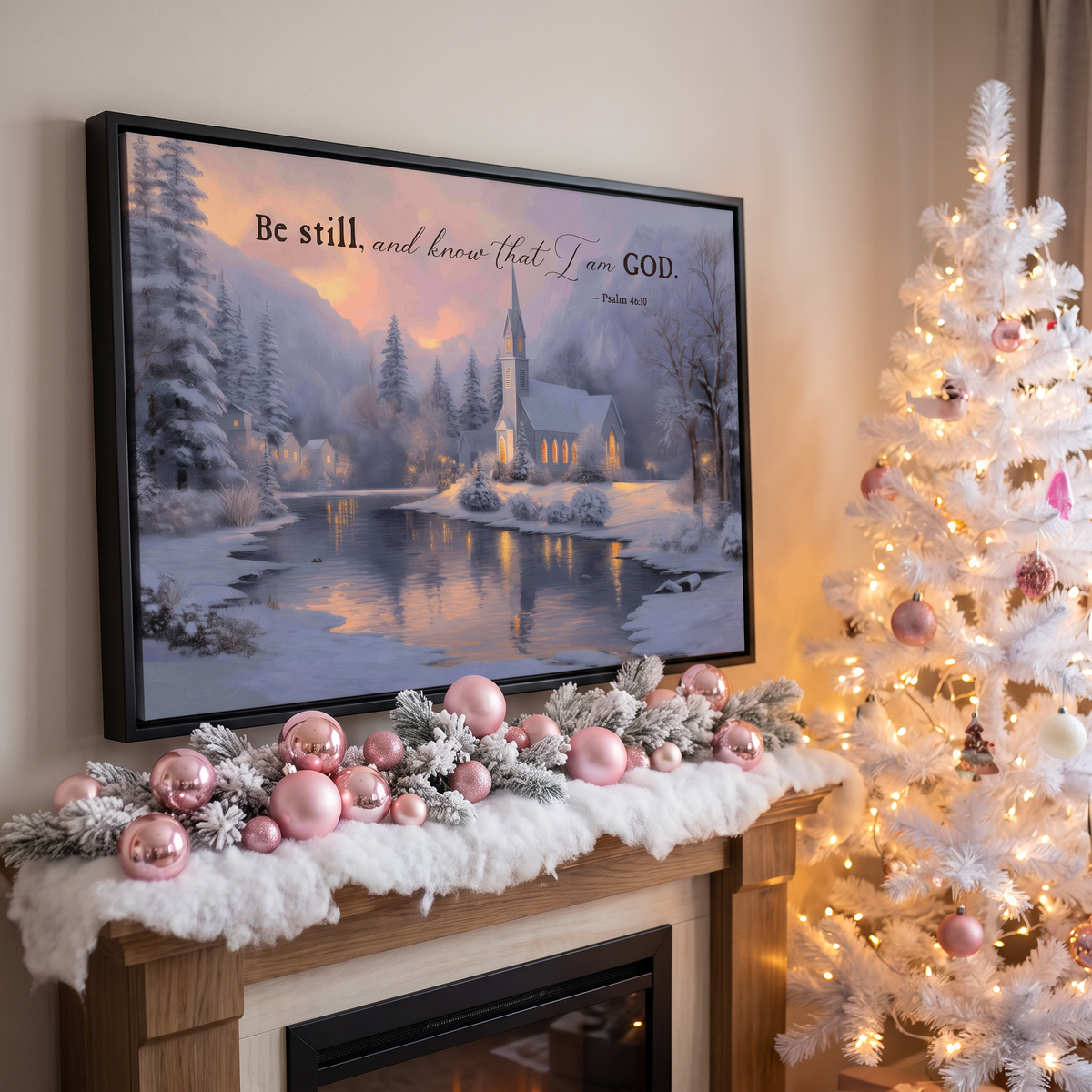 Large scripture wall art with Psalm 46:10 above a white mantel with blush ornaments and a white tree