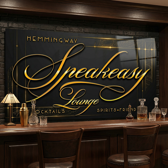 Decorative large speakeasy sign for 'Hemmingway Speakeasy Lounge' with bar setup in the foreground.