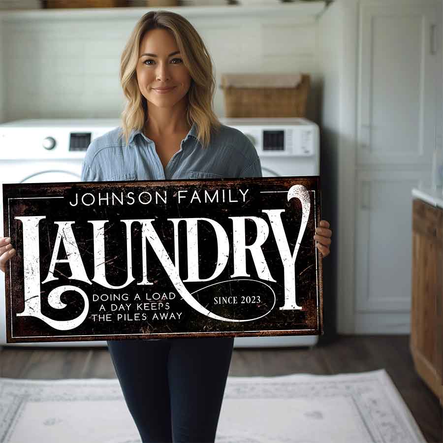 laundry room decor sign on distressed black background and big words Laundry personalized