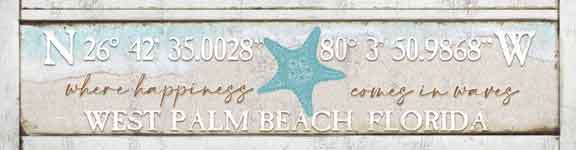Latitude and Longitude Coastal Wall Decor Sign with beach sand and blue waters.
