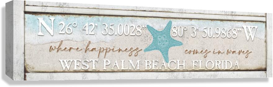 Coastal Wall Decor Sign Latitude and Longitude with beach sand and blue waters.