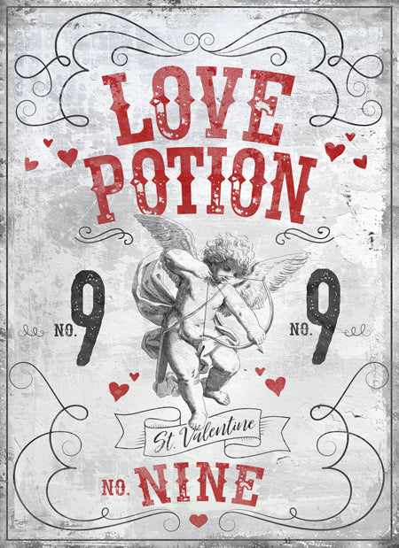 Valentine's Day Sign on white distressed wood with Cupid and the words [love potion no. 9 St. Valentine] with red valentine hearts