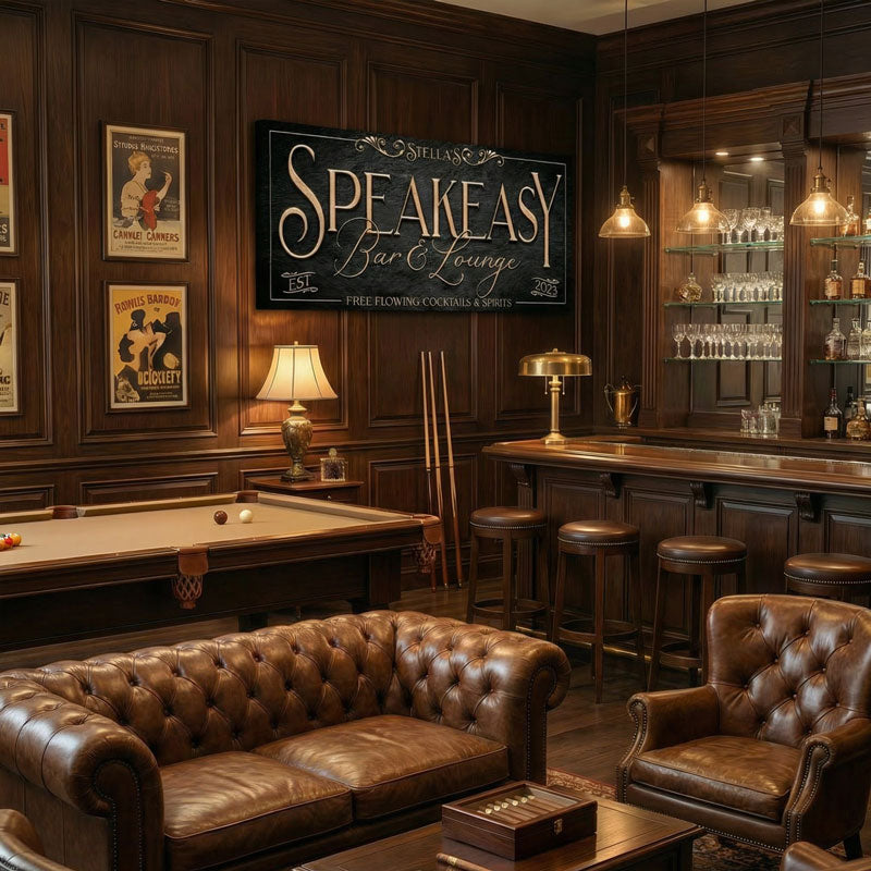 traditional man cave bar sign on the wall displayed in a bar.