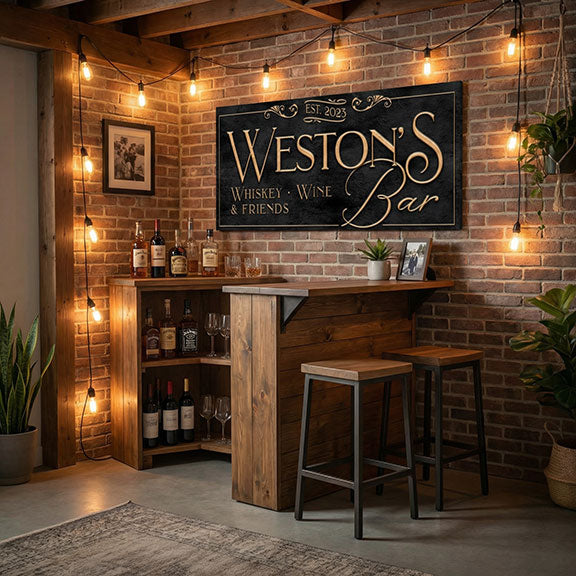 man cave bar sign within a Wooden bar with 'Weston's Whiskey, Wine & Friends' sign on a brick wall.