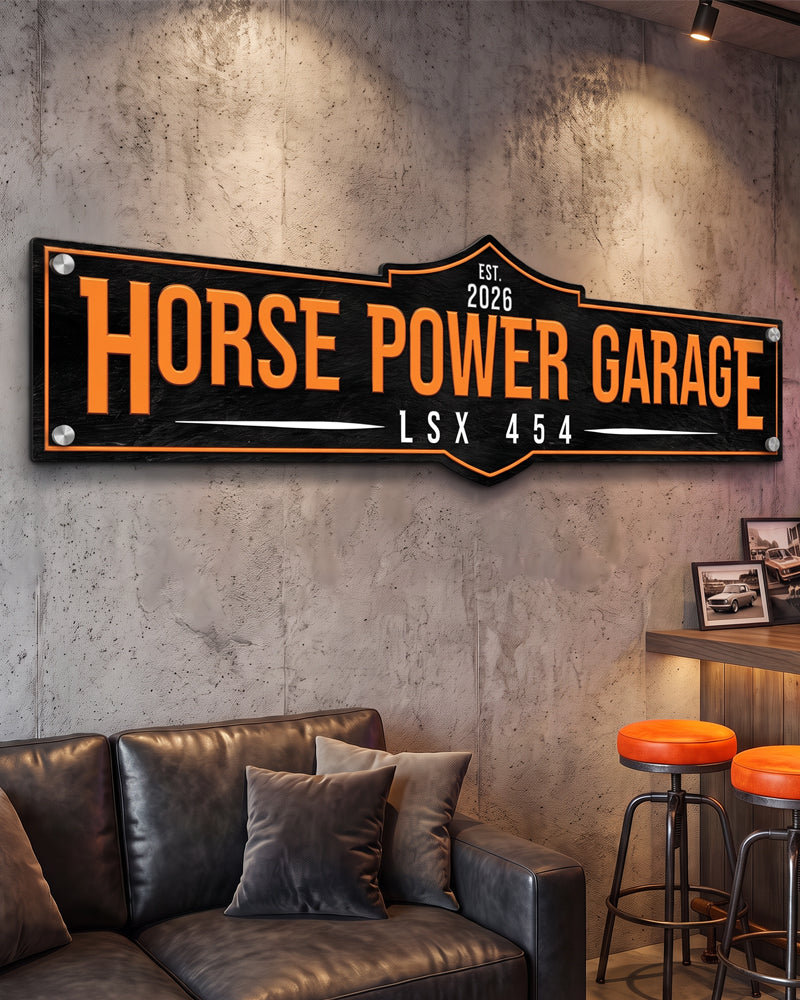 Personalized man cave garage sign with custom name on a concrete wall with chrome standoff mounts