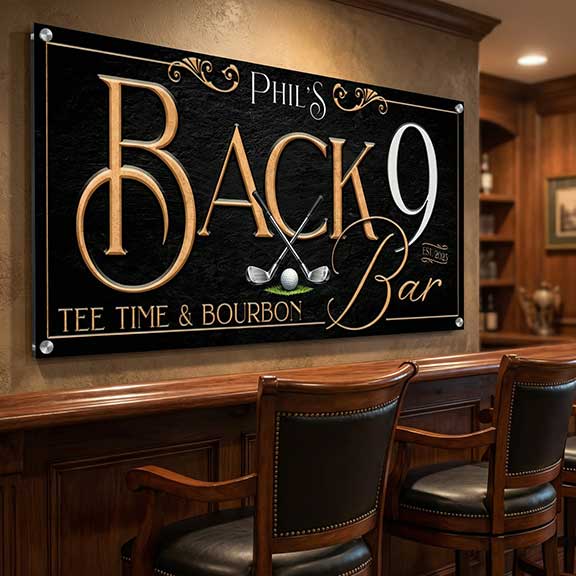 man cave golf decor sign mounted to a basement bar wall. 
