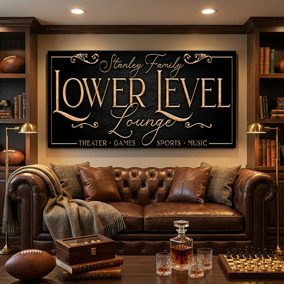 Lower Level Sign for man cave with leather sofa, sports-themed decor, and 'Stanley Family Lower Level Lounge' sign.