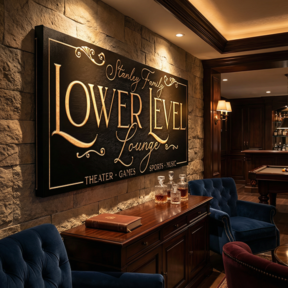 Luxury Man Cave lounge with 'Lower Level Lounge' sign on stone wall, bar area, and plush chairs.