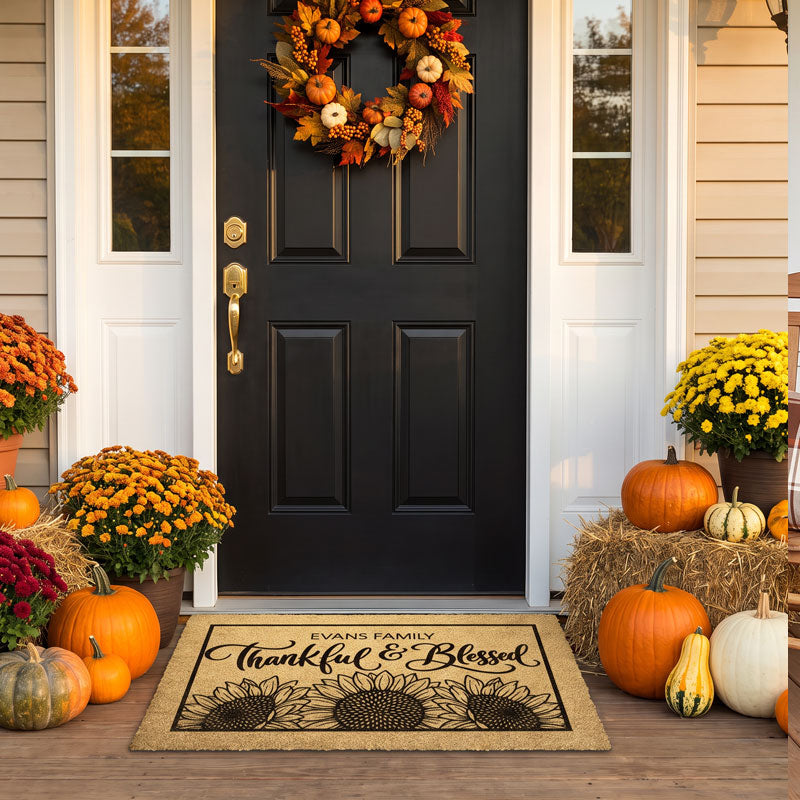 Custom fall doormat Thankful and Blessed harvest design with family name