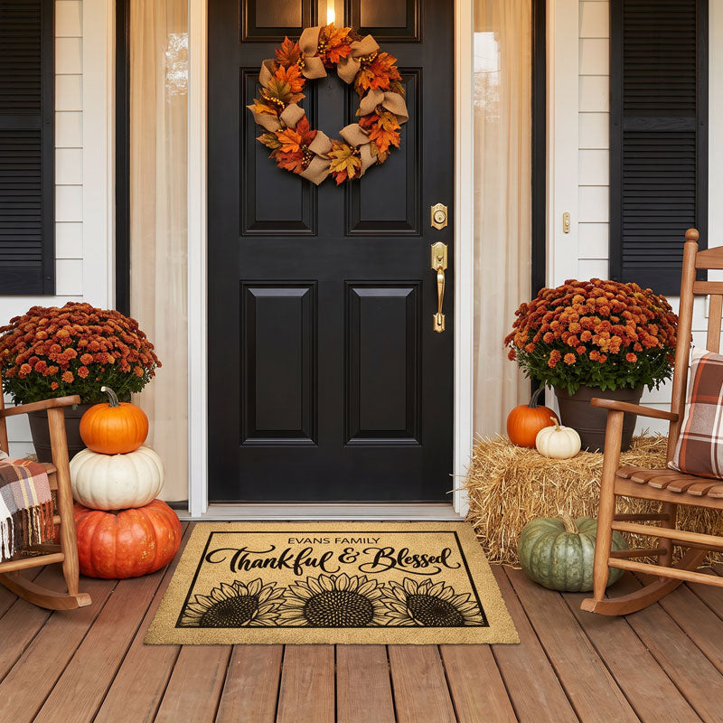 Personalized harvest doormat Thankful and Blessed with family name at front entry