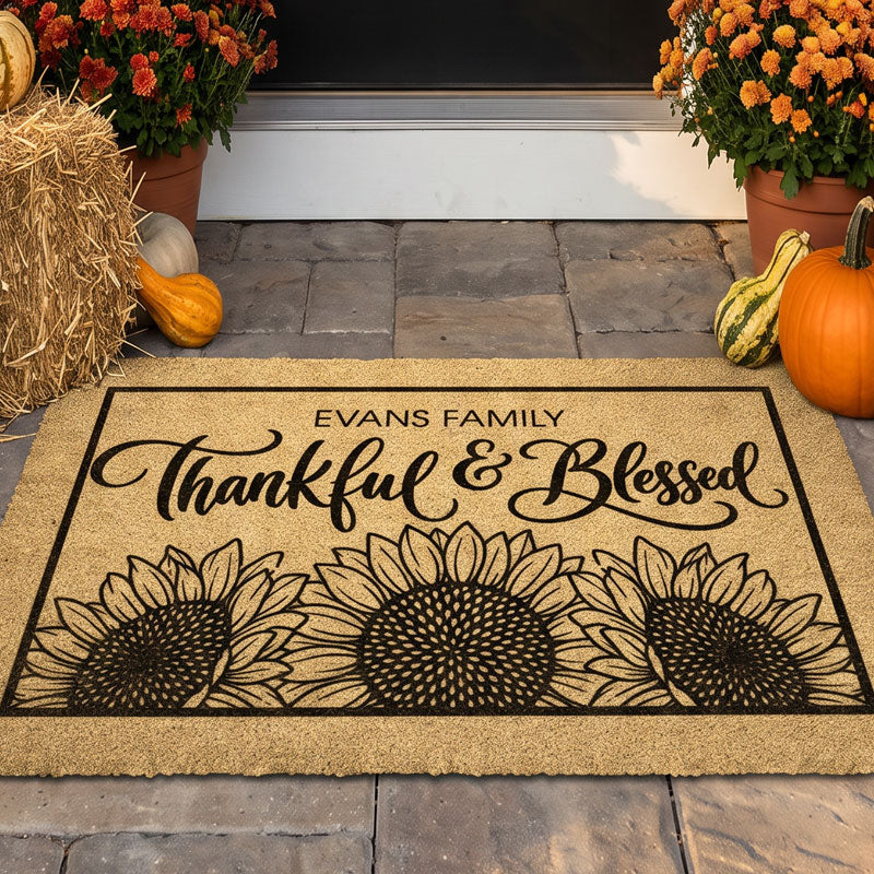 Personalized Thankful and Blessed fall doormat with family name on golden coir