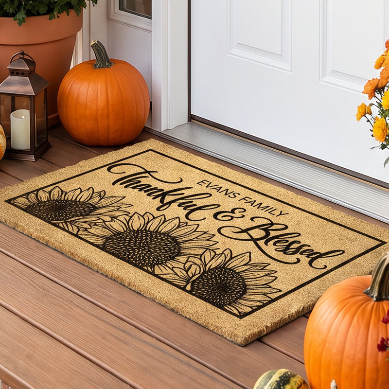 Family name fall doormat with Thankful and Blessed message for Thanksgiving