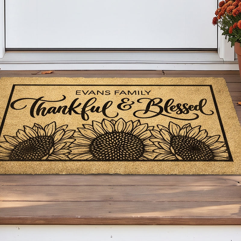 Thankful and Blessed personalized fall doormat with family surname