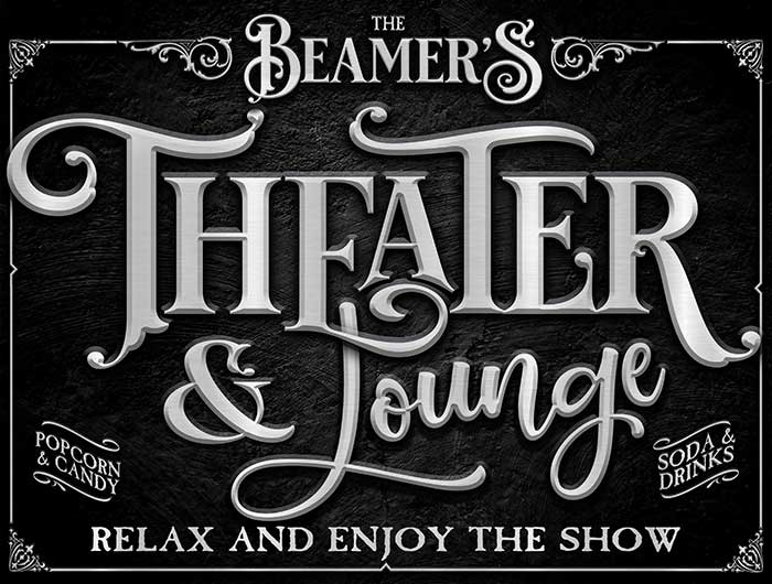 media room decor large theater sign in black and silver that reads theater and lounge