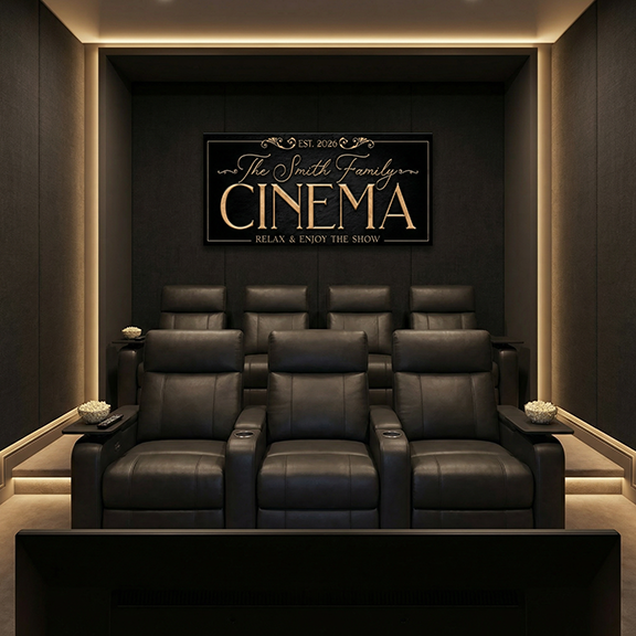 Media room decor with black leather seats and personalized cinema sign on wall.